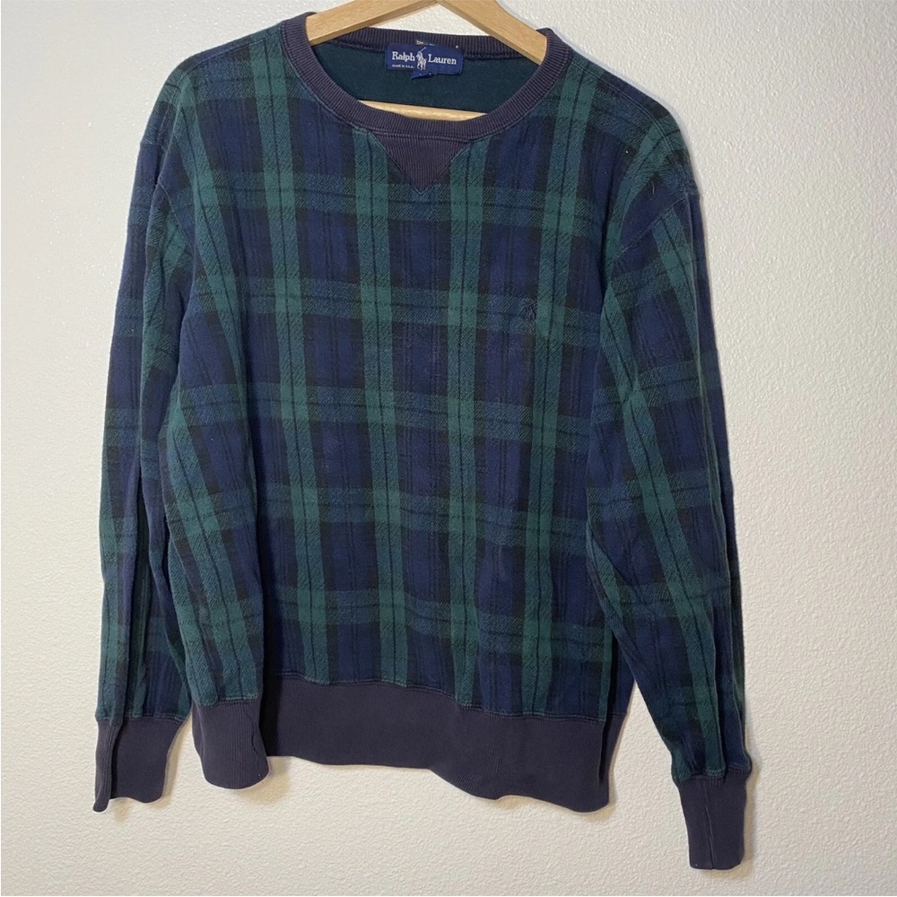 Vintage Ralph Lauren Made In USA Green Navy Blue Plaid Sweater Men's Medium